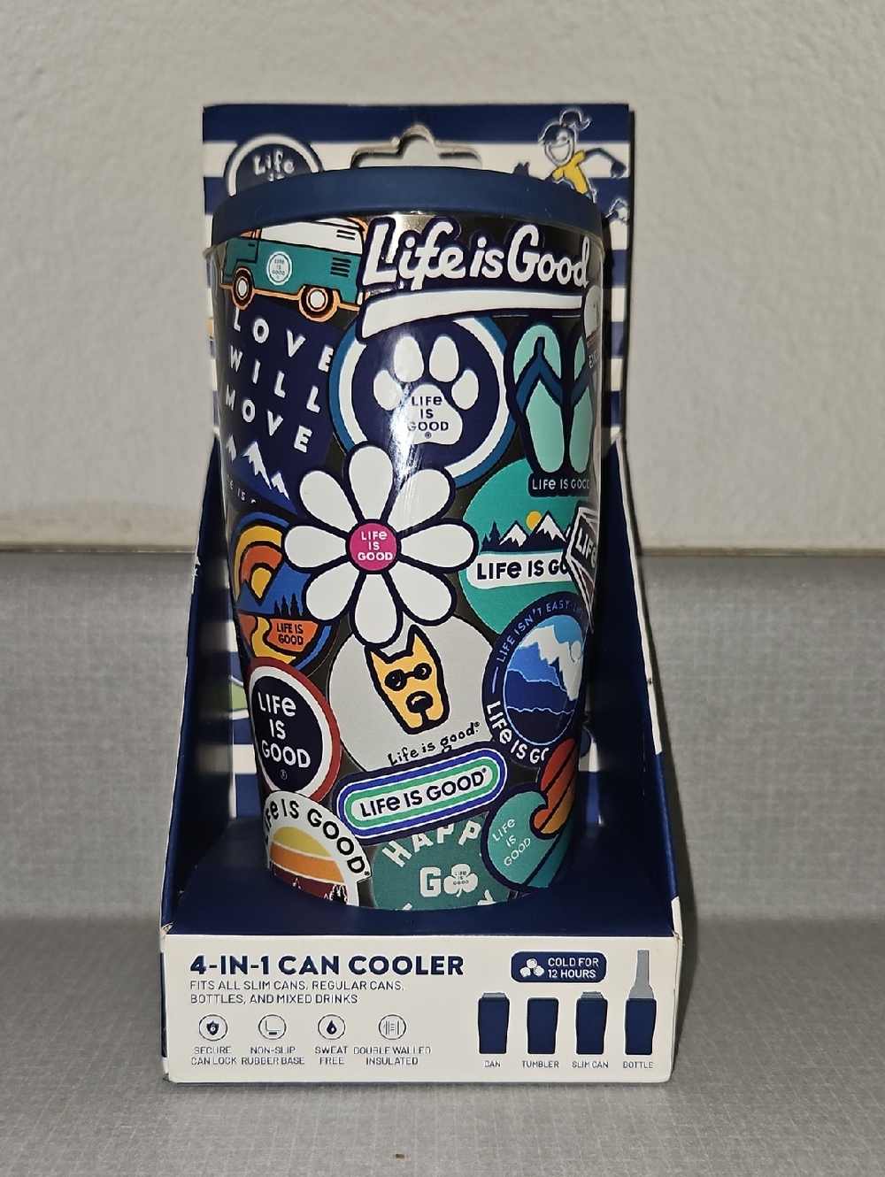 New-Life Is Good- Multi-Color Sticker Collage- 4 In 1 Can Cooler